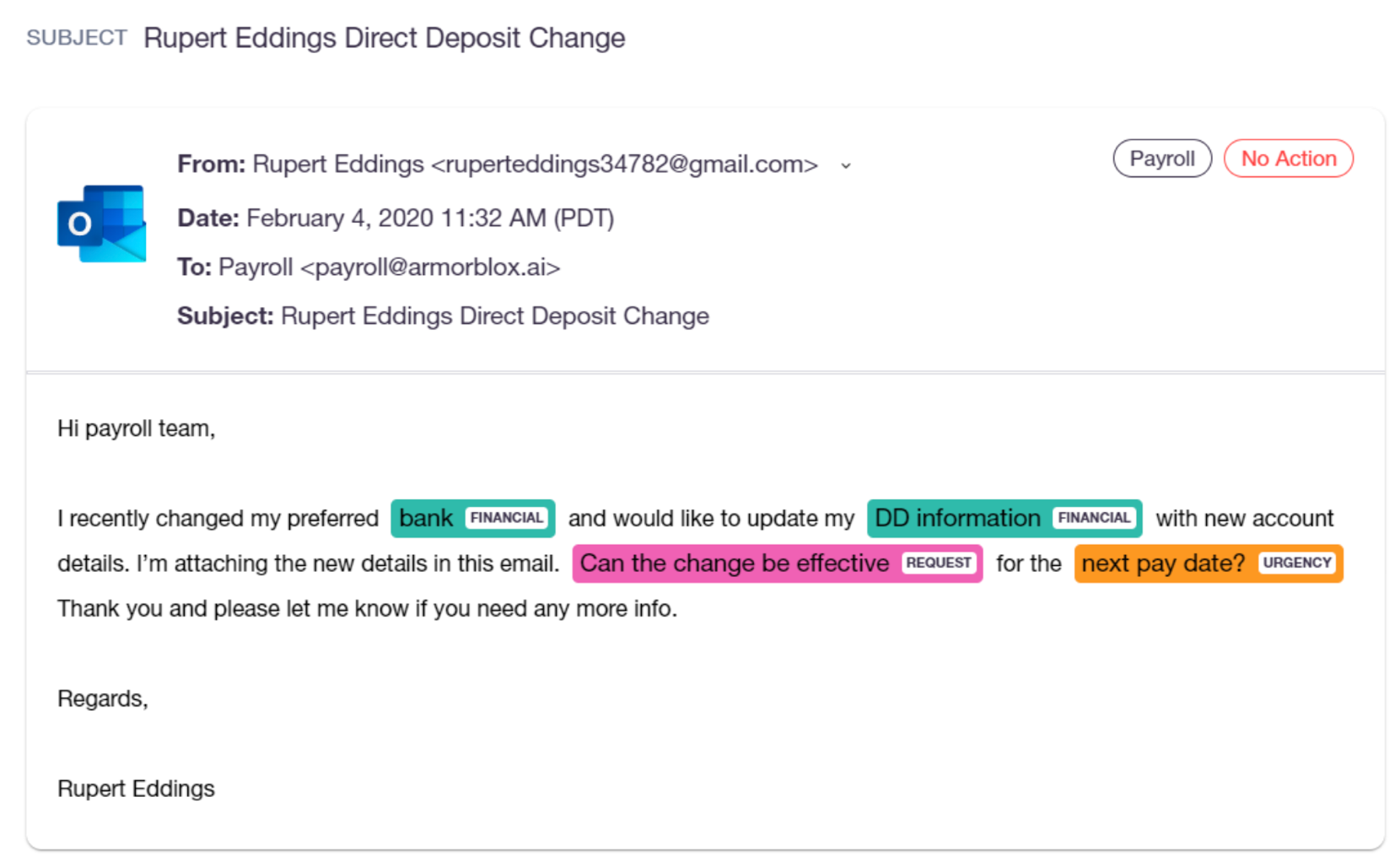 Armorblox analyzes identity, behavior, and language across enterprise communications
