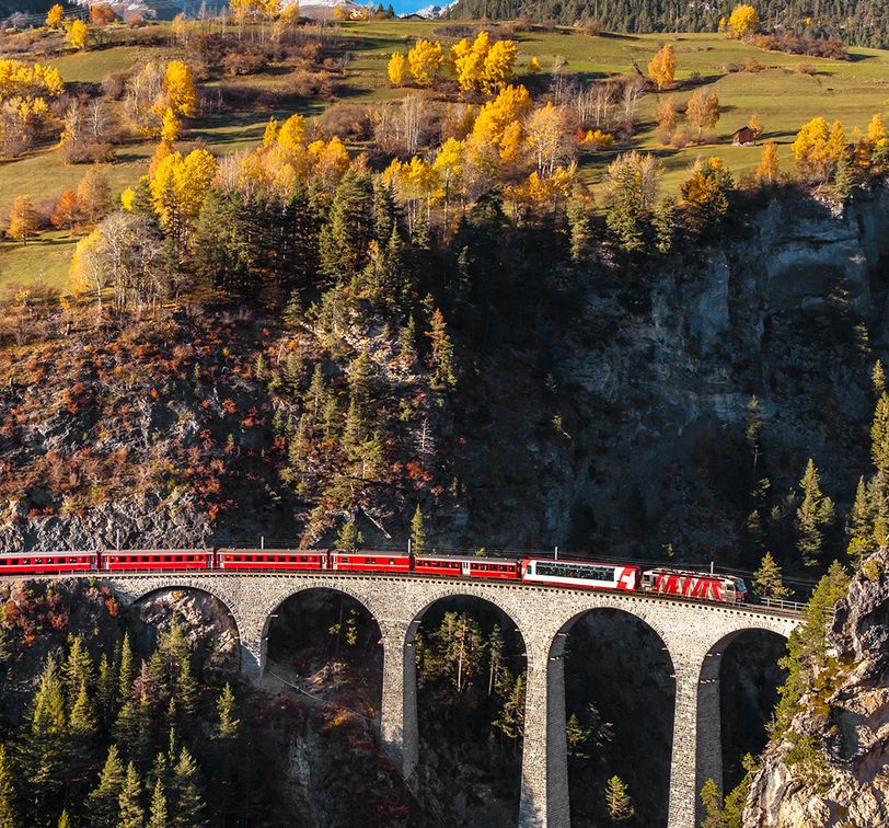 train crossing bridge in the swiss alps