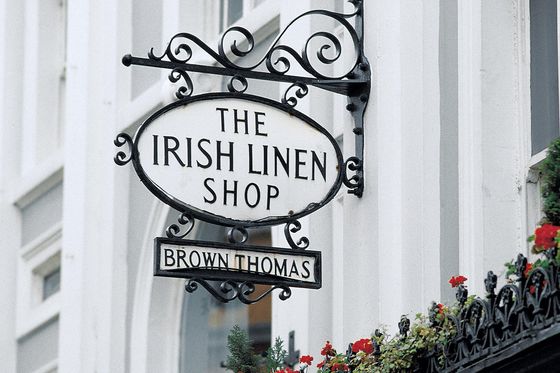 black metal sign for shop saying the irish linen shop