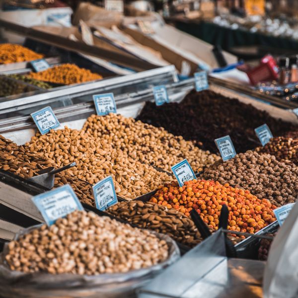 local food on display at a street market in athens