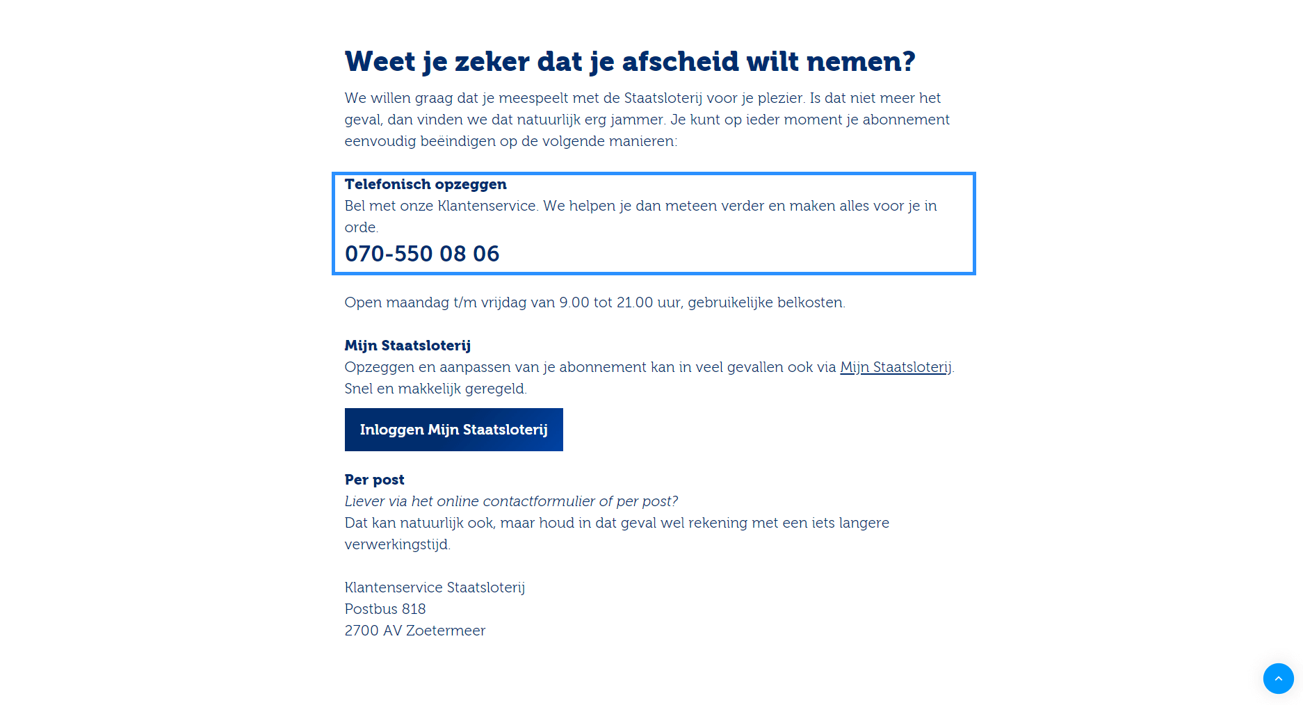 Telefoonnummer Staatsloterij