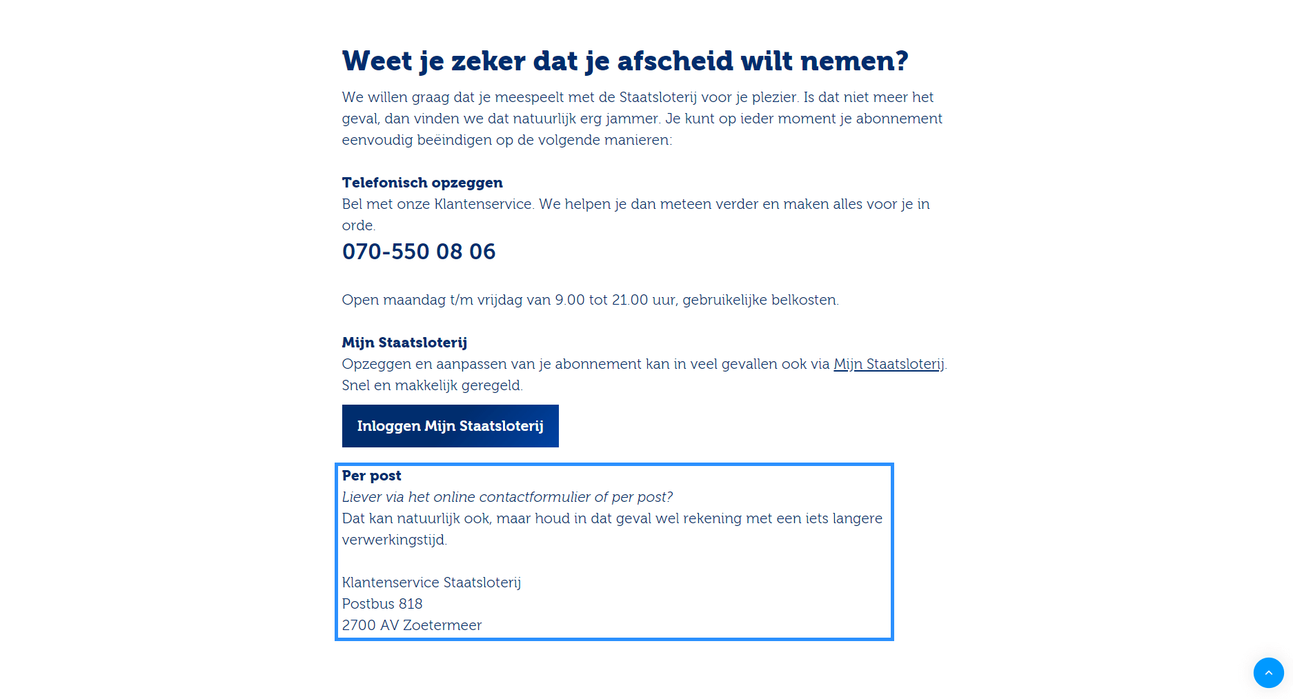 Staatsloterij contact