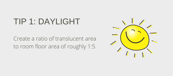Tip 1: Daylight. Create a ratio of translucent surface to room floor area of 1:5.