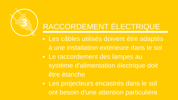 Raccordement électrique: Les câbles utilisés doivent être adaptés à une installation extérieure dans le sol