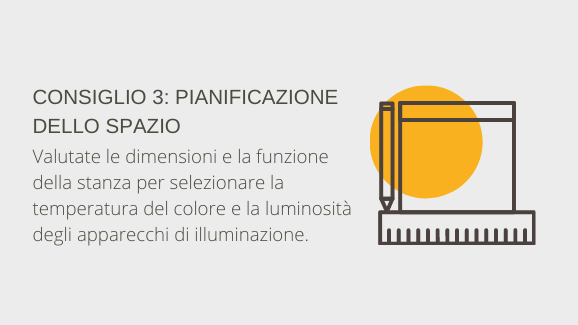 Suggerimento 3: Pianificazione del territorio. Considerare le dimensioni e la funzionalità della stanza per la selezione della temperatura di colore e della luminosità della luce.