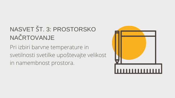 Nasvet 3: prostorsko načrtovanje. Pri izbiri barvne temperature in svetlosti svetlobe upoštevajte velikost in funkcionalnost sobe.