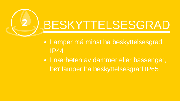 Beskyttelsesgrad: Lamper må minst ha beskyttelsesgrad IP44