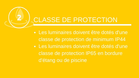 Classe de protection: Les luminaires doivent être dotés d'une classe de protection de minimum IP44