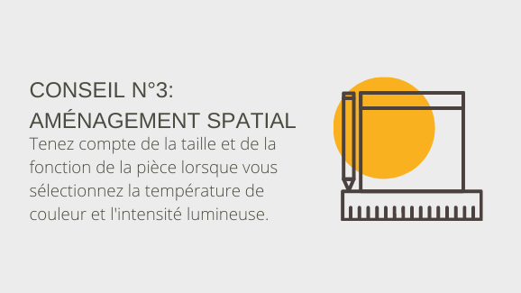 Conseil n° 3 : Aménagement spatial Tenez compte de la taille et de la fonction de la pièce lorsque vous sélectionnez la température de couleur et l'intensité lumineuse.