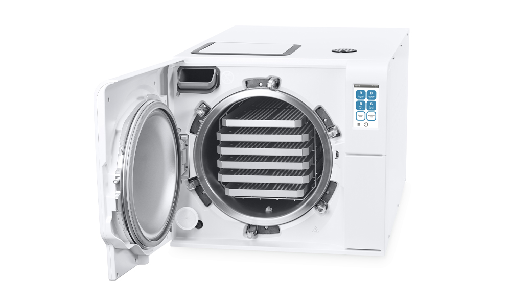 Lara XXL sterilizer front view with open door, white background. Lara XXL sterilizer front view with open door, white background.
