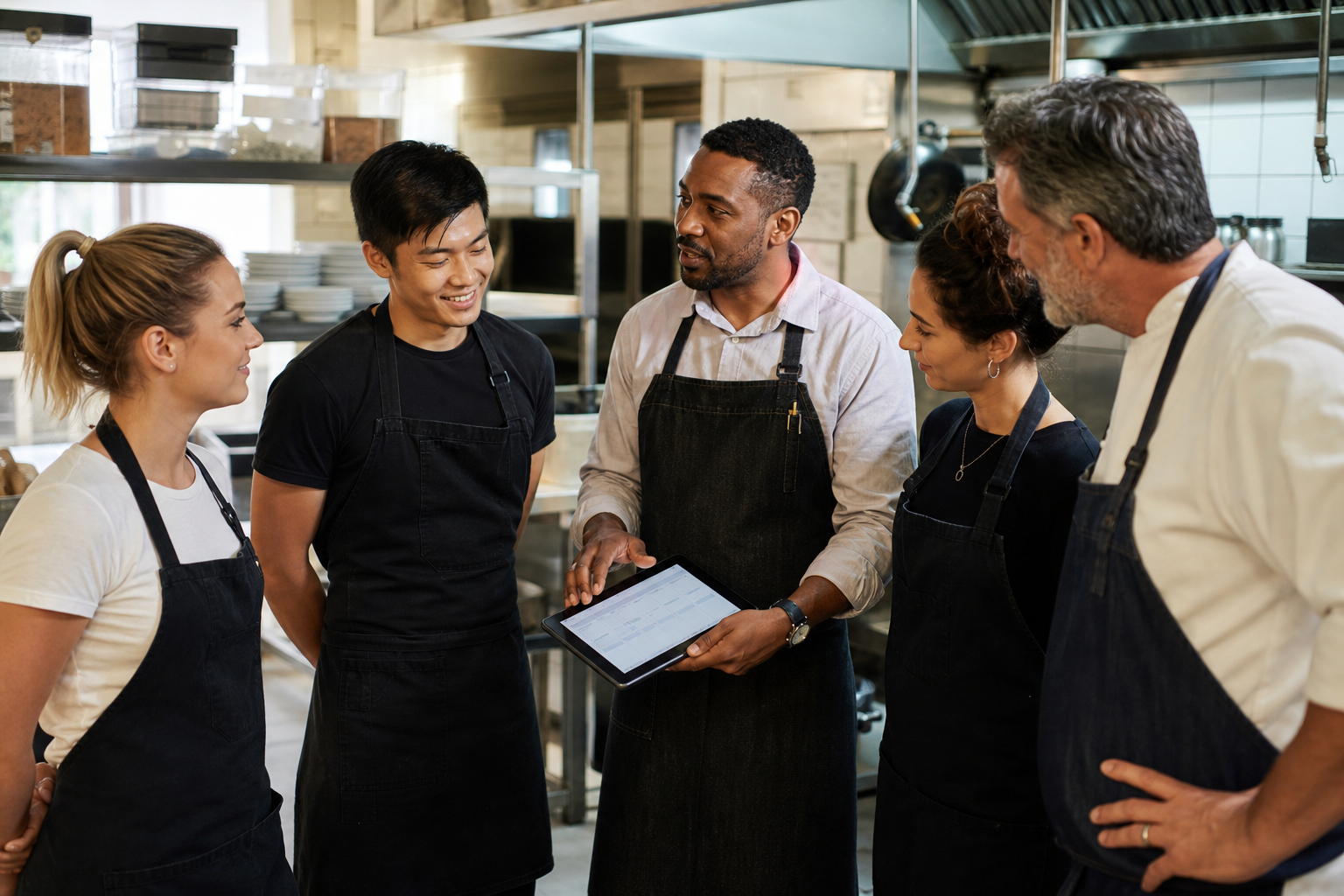Hospitality team having a morning briefing with a manager holding a tablet showing a roster