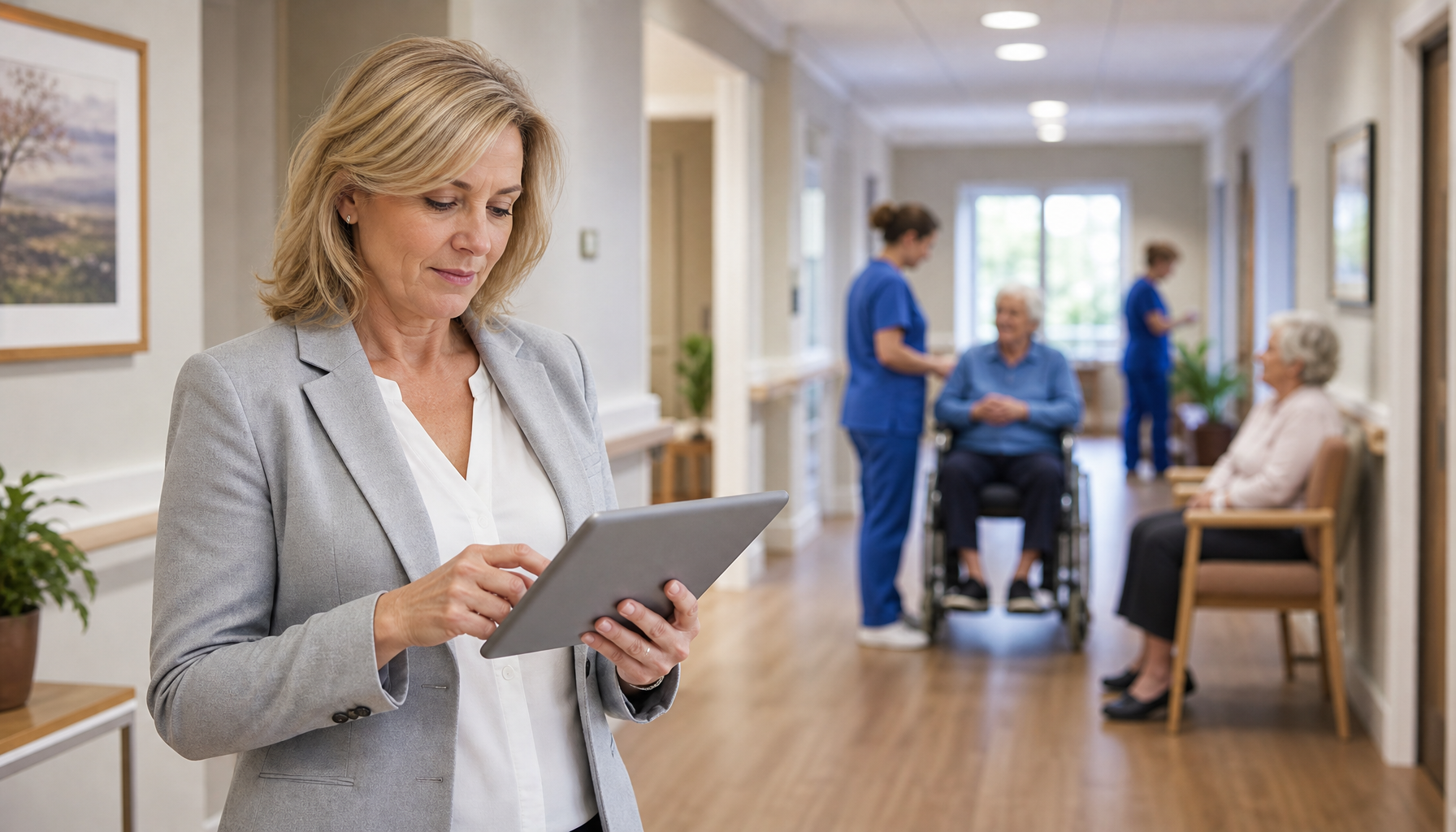 Aged care facility manager reviewing a digital roster on a tablet in a nursing home corridor