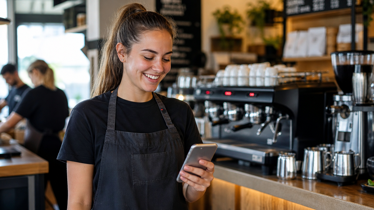 Young hospitality worker in a cafe checking their work roster on a smartphone