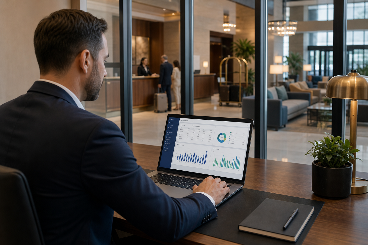 Hotel operations manager reviewing a payroll dashboard on a laptop with a modern hotel lobby visible in the background