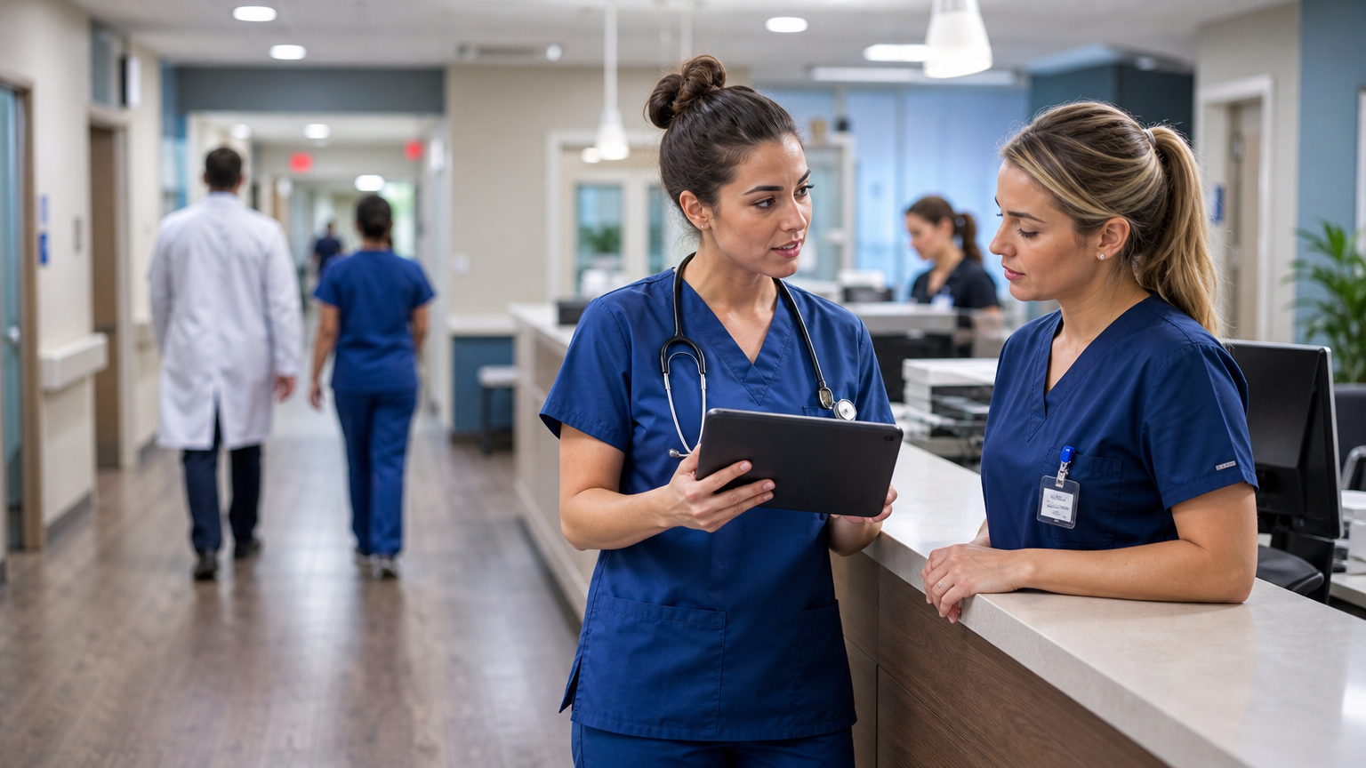 Healthcare team during a shift handoff at a hospital nursing station