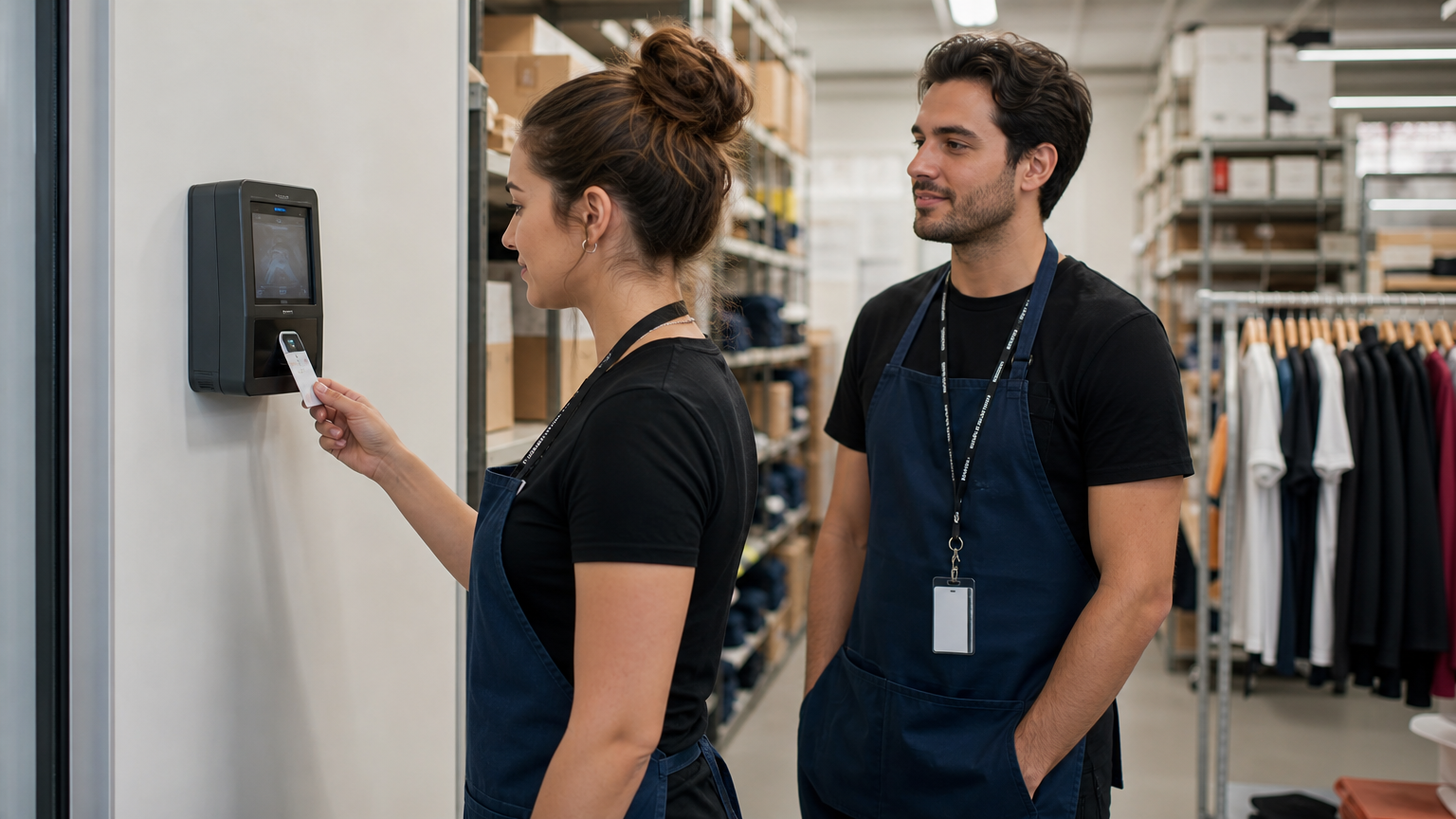 Retail employees clocking in at a time clock terminal in a store stockroom