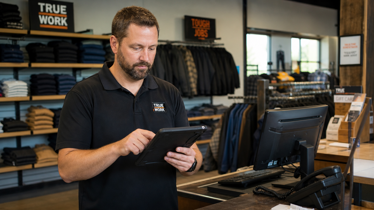 Retail store manager reviewing an employee shift schedule on a tablet near the sales counter