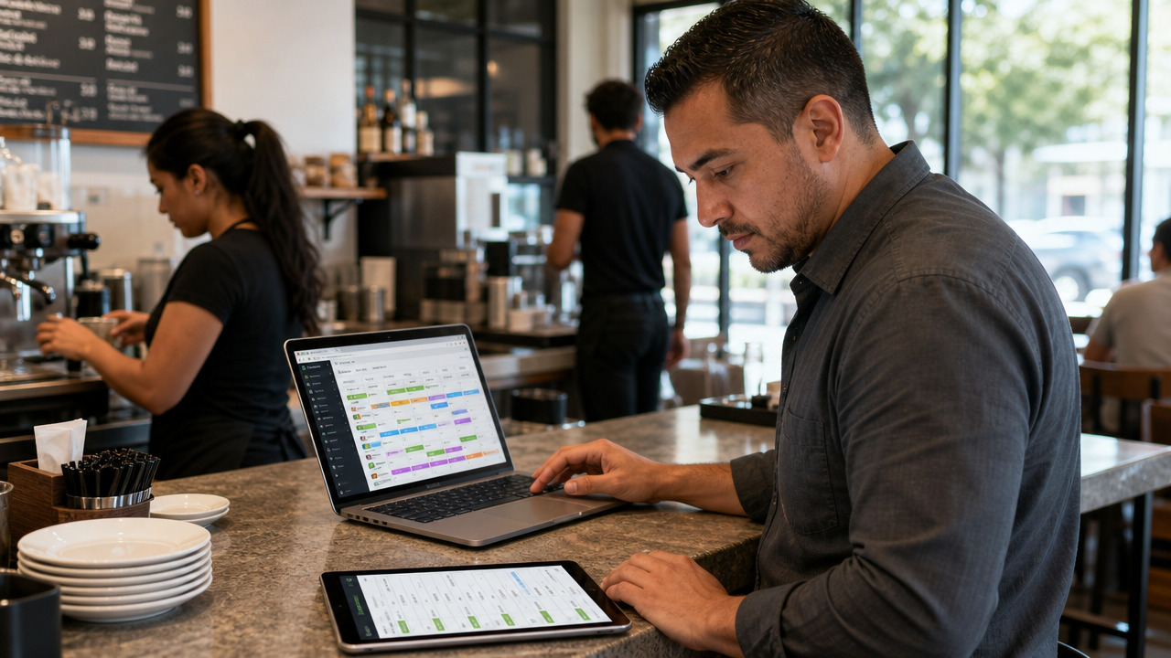 A restaurant shift manager builds an employee schedule on a laptop and tablet at the counter while staff work in the background
