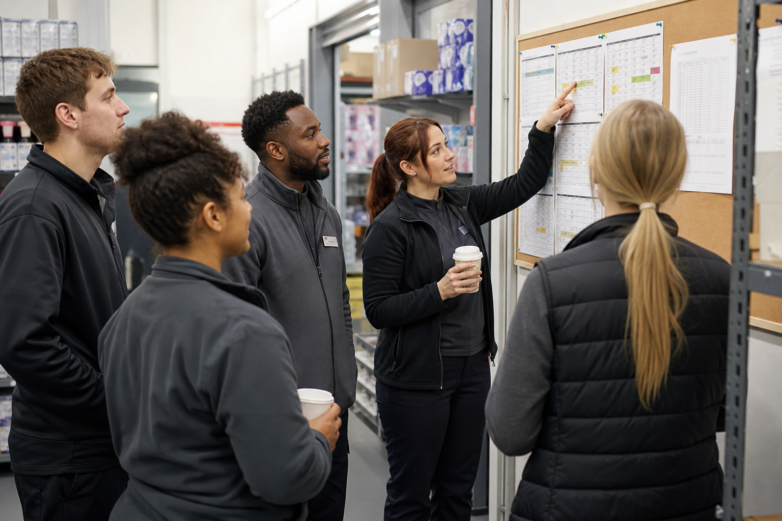 Retail team reviewing a rota schedule during a morning briefing in a stockroom