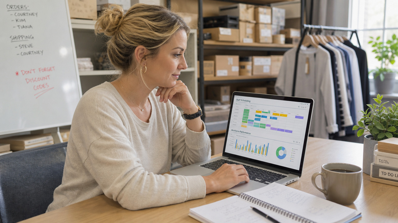 A retail business owner reviewing staff scheduling and workforce performance charts on a laptop in a back office