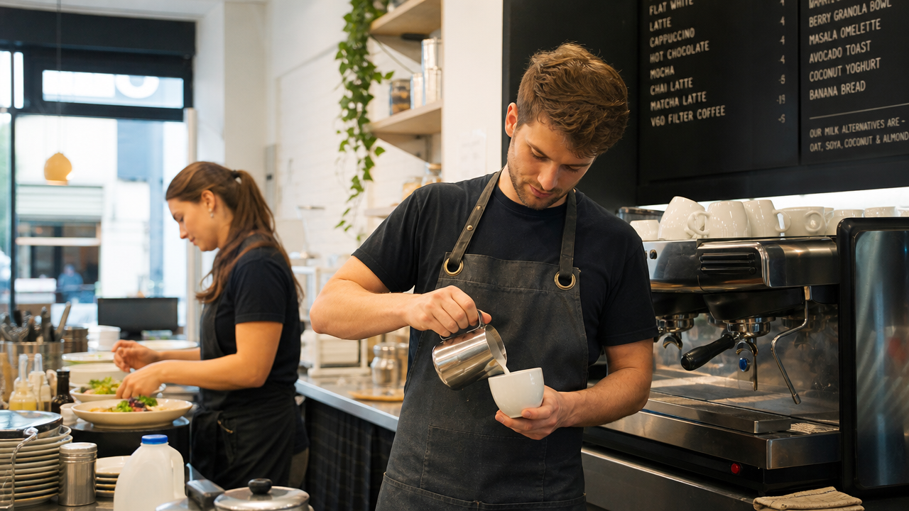 A barista making coffee during the morning rush while a colleague plates food in a busy cafe