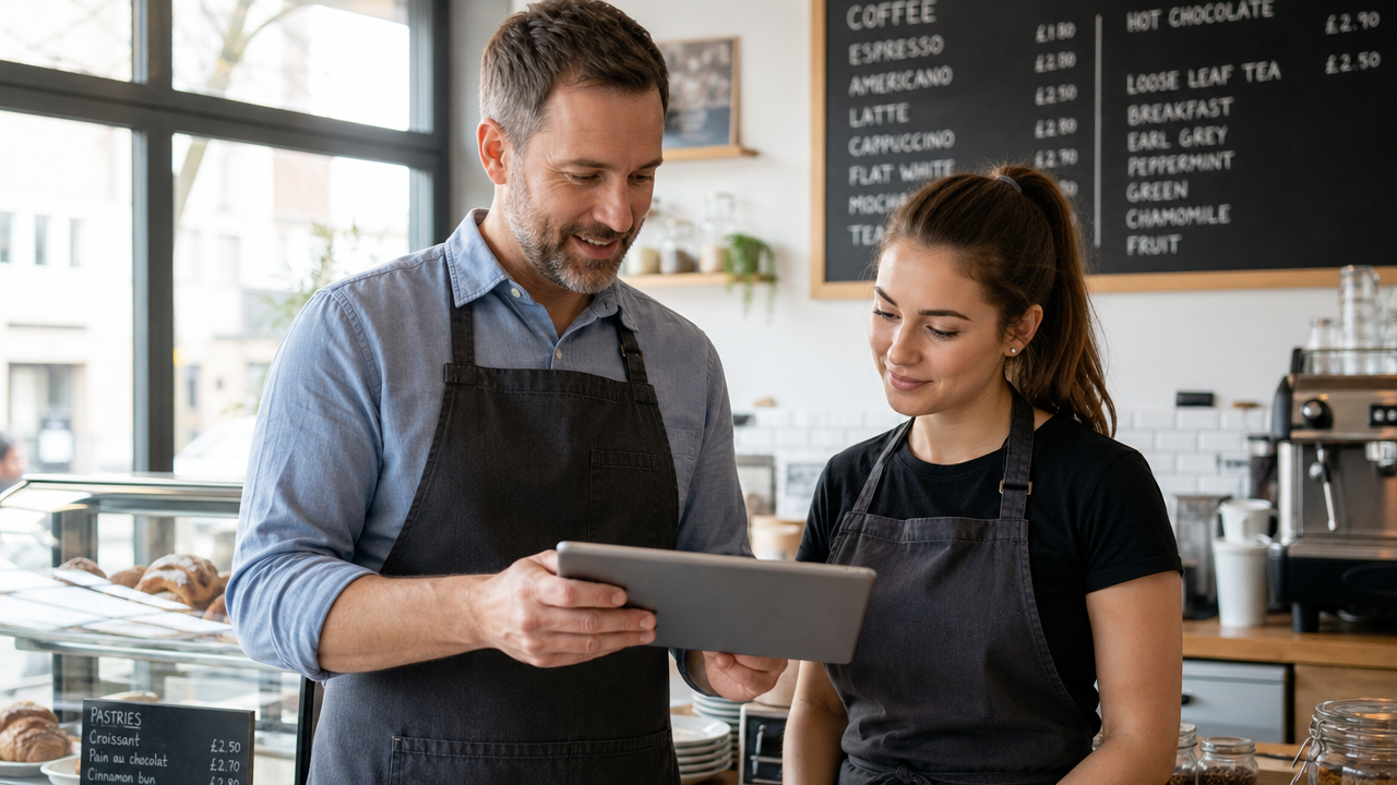 A cafe manager and a staff member reviewing the weekly staff rota together on a tablet at the counter