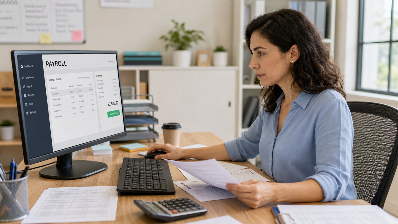 Small business owner processing payroll on a computer at a modern office desk