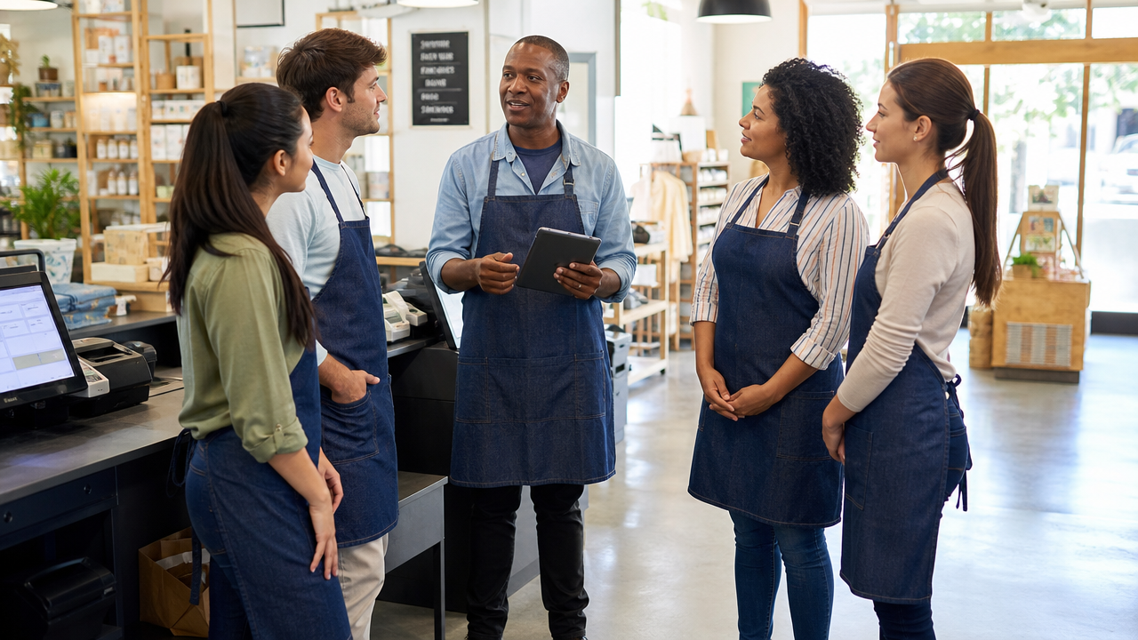 Diverse team of retail employees in aprons having a short morning huddle near the checkout counter