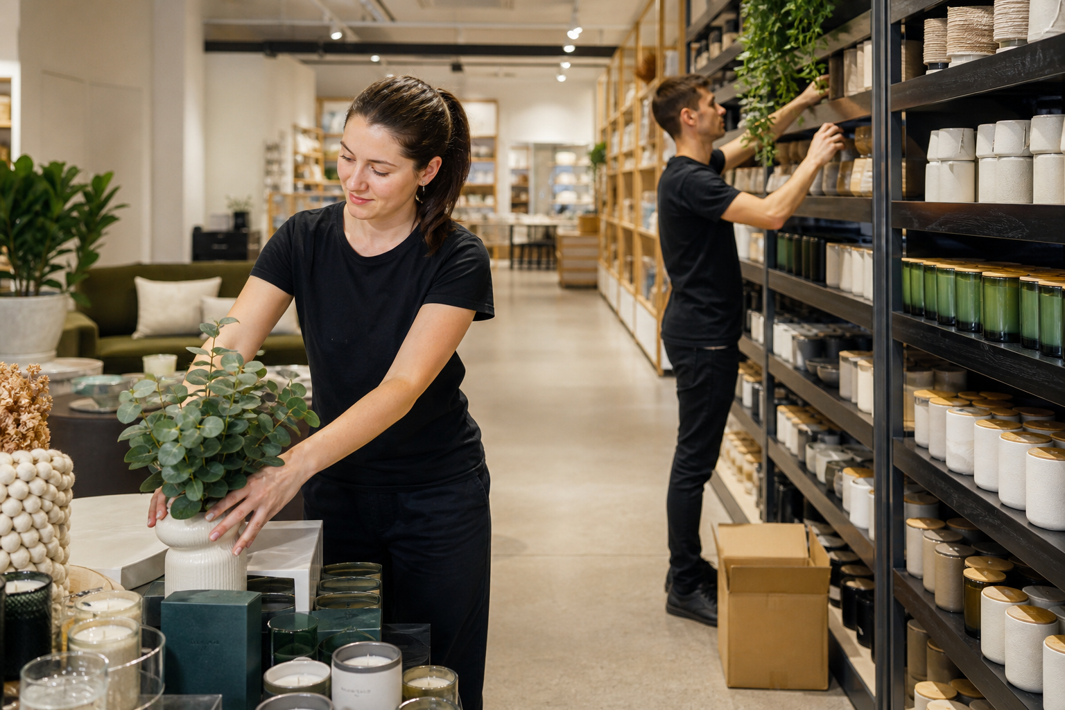 Retail workers restocking shelves and handling visual merchandising during a quiet period