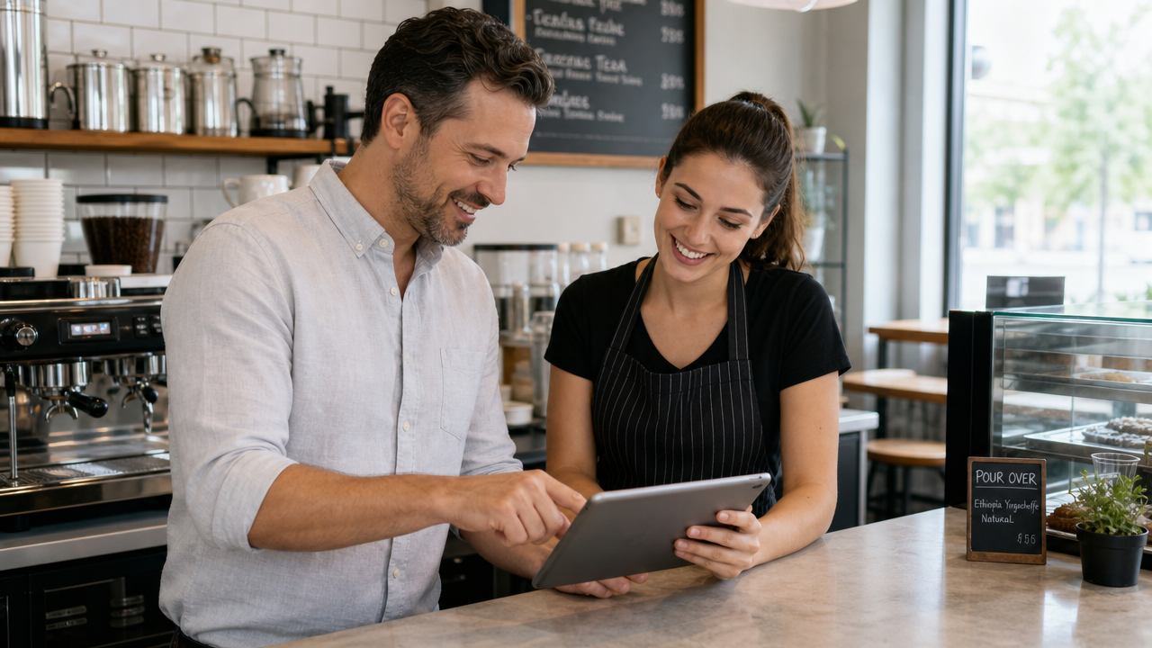 A cafe manager and team member reviewing a weekly staff schedule together on a tablet at the counter