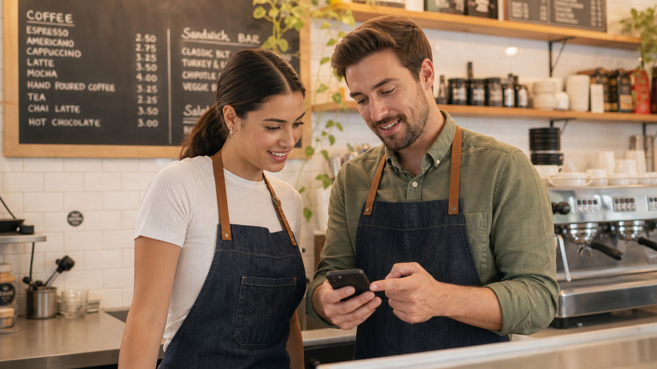 A cafe manager showing a new employee a scheduling app during onboarding