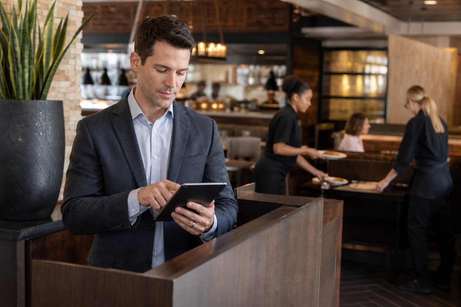 Restaurant manager reviewing employee timesheets on a tablet at a busy casual dining restaurant