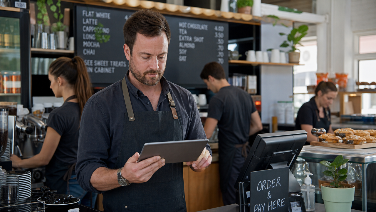 Australian cafe manager using a tablet to review shift schedules during the morning rush