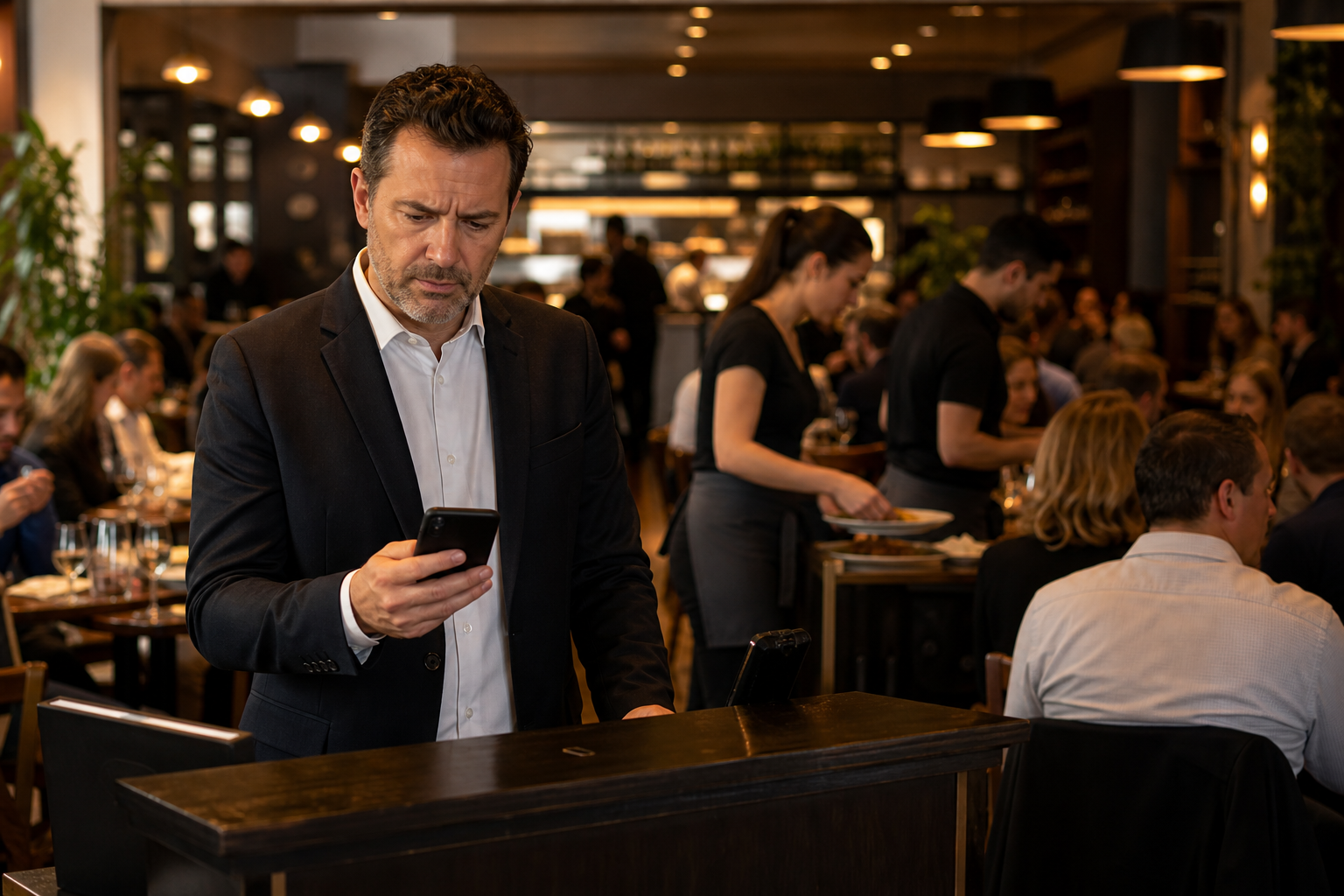 Restaurant manager checking phone during busy Friday night shift