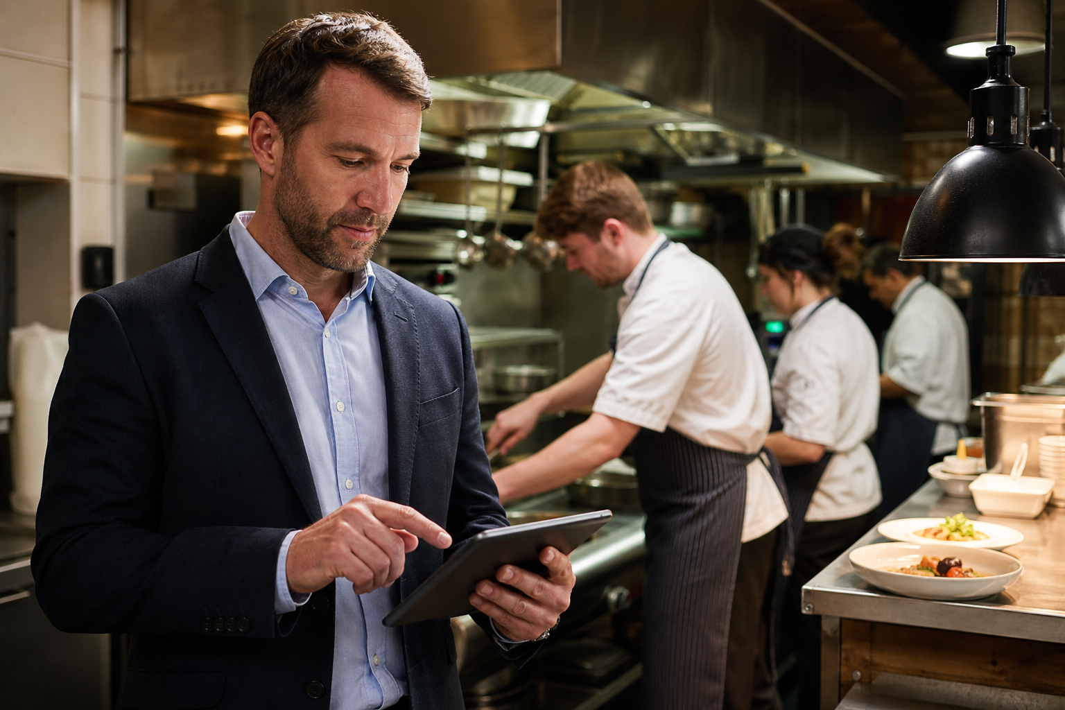 Restaurant manager reviewing digital timesheets on a tablet in a busy kitchen