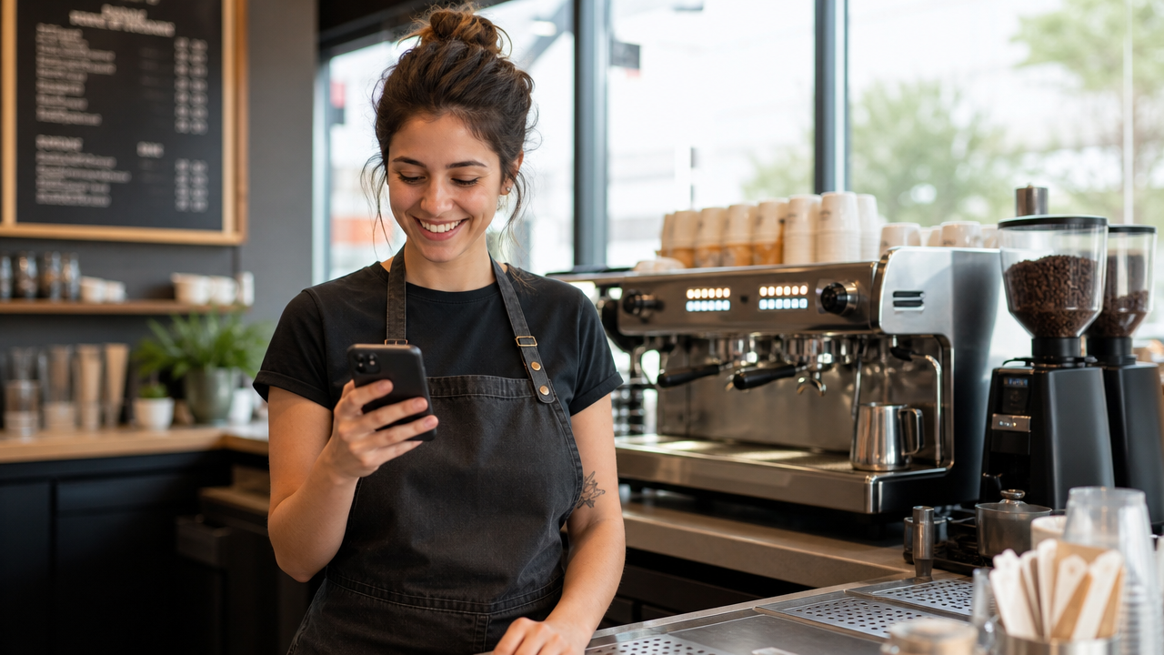 Coffee shop barista checking a work schedule notification on their phone behind a café counter
