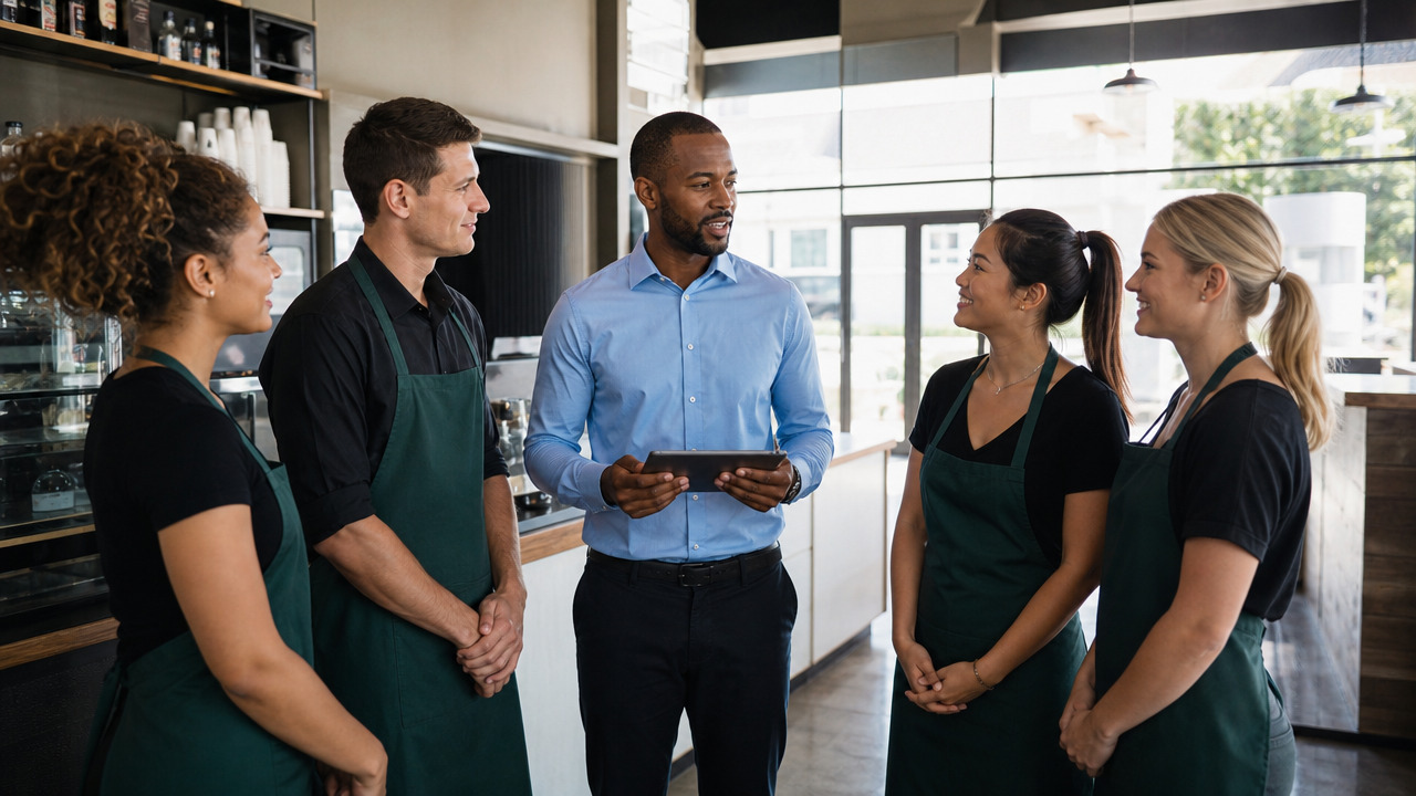 A hospitality team gathering for a short pre-shift huddle with their manager in a cafe