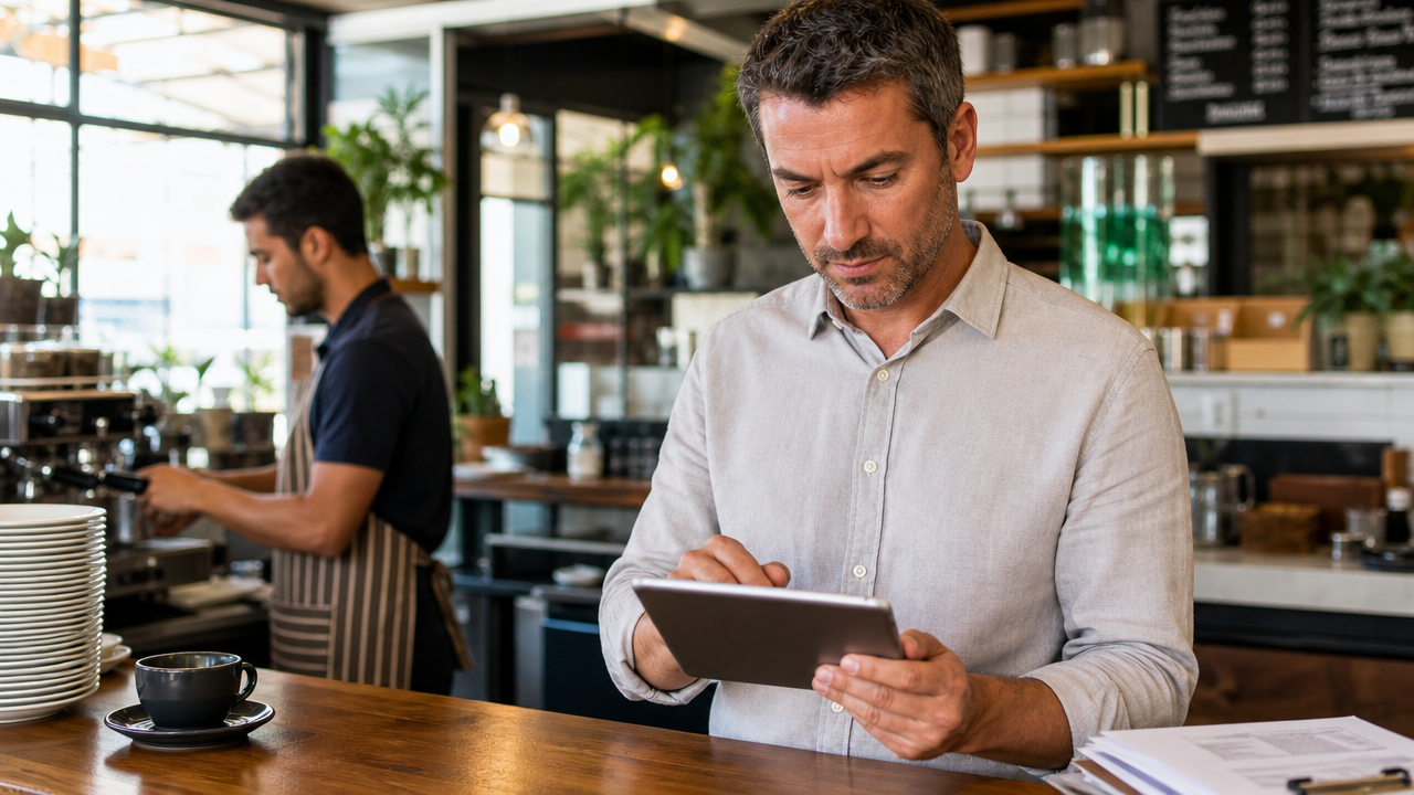 A cafe manager reviewing hourly staff timesheets on a tablet at the counter while a barista works in the background
