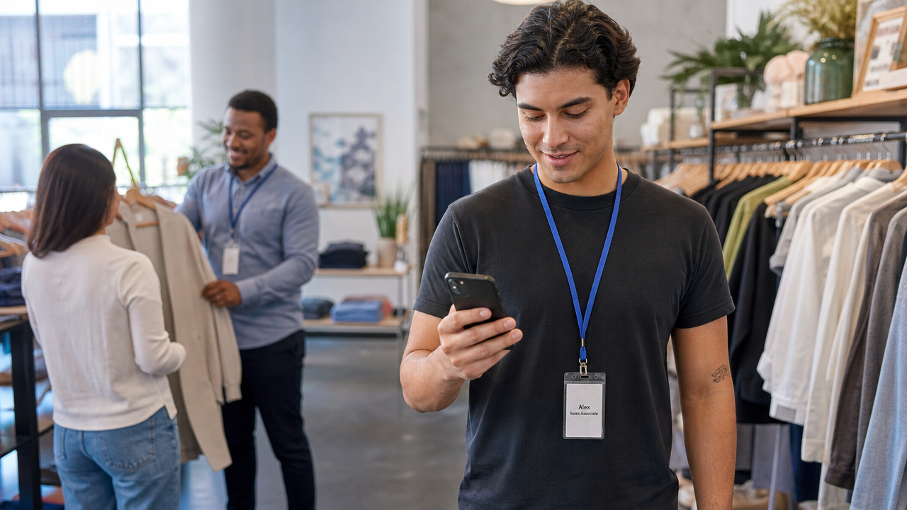 A retail employee checking upcoming shifts on a smartphone scheduling app in a clothing store