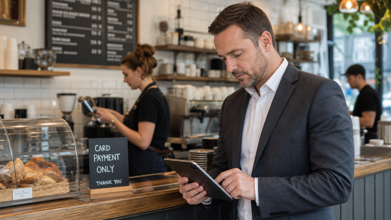 Hospitality manager reviewing labour cost figures on a tablet at a busy cafe counter