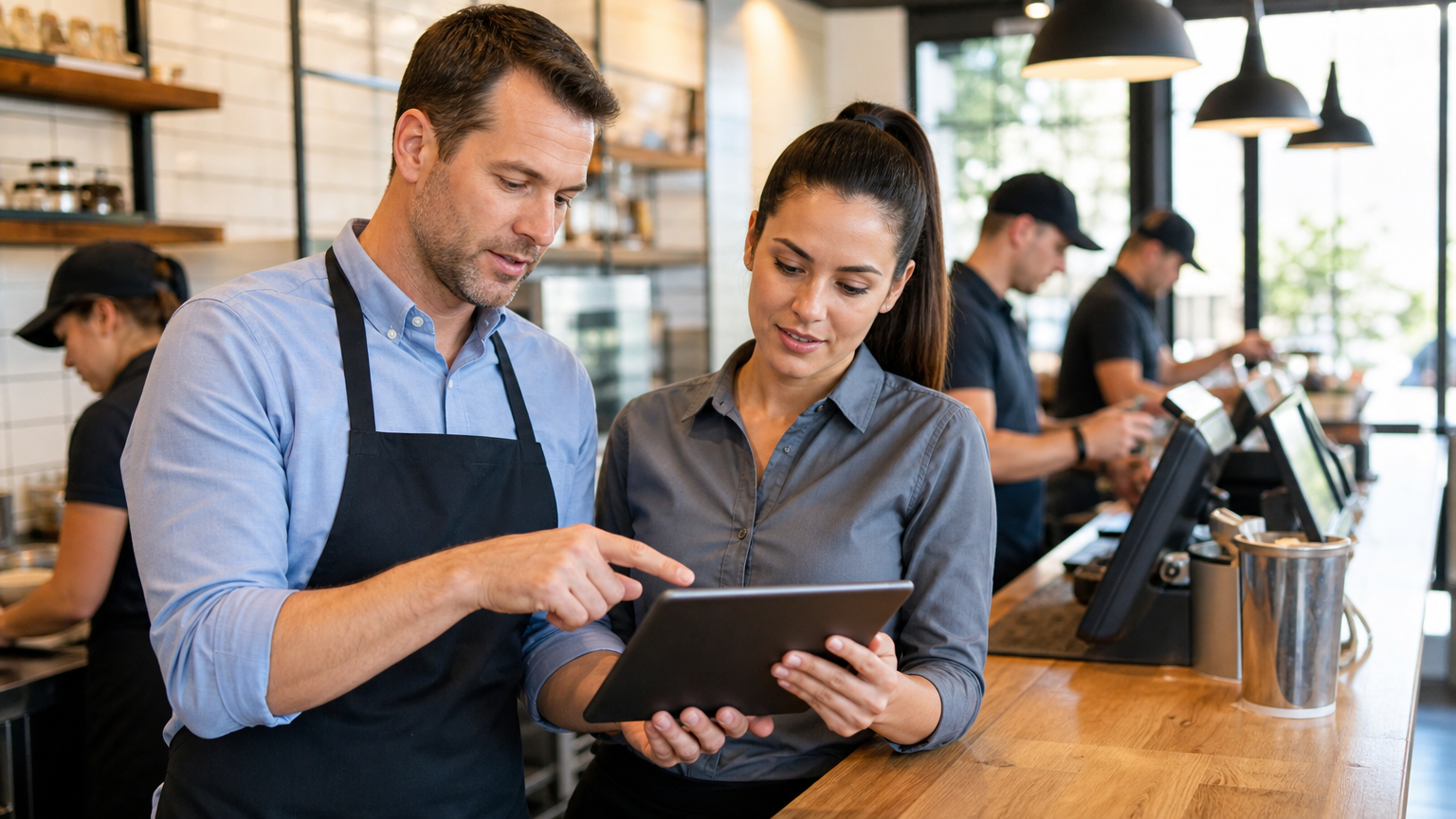 Restaurant manager and supervisor reviewing staffing and sales data on a tablet at the counter