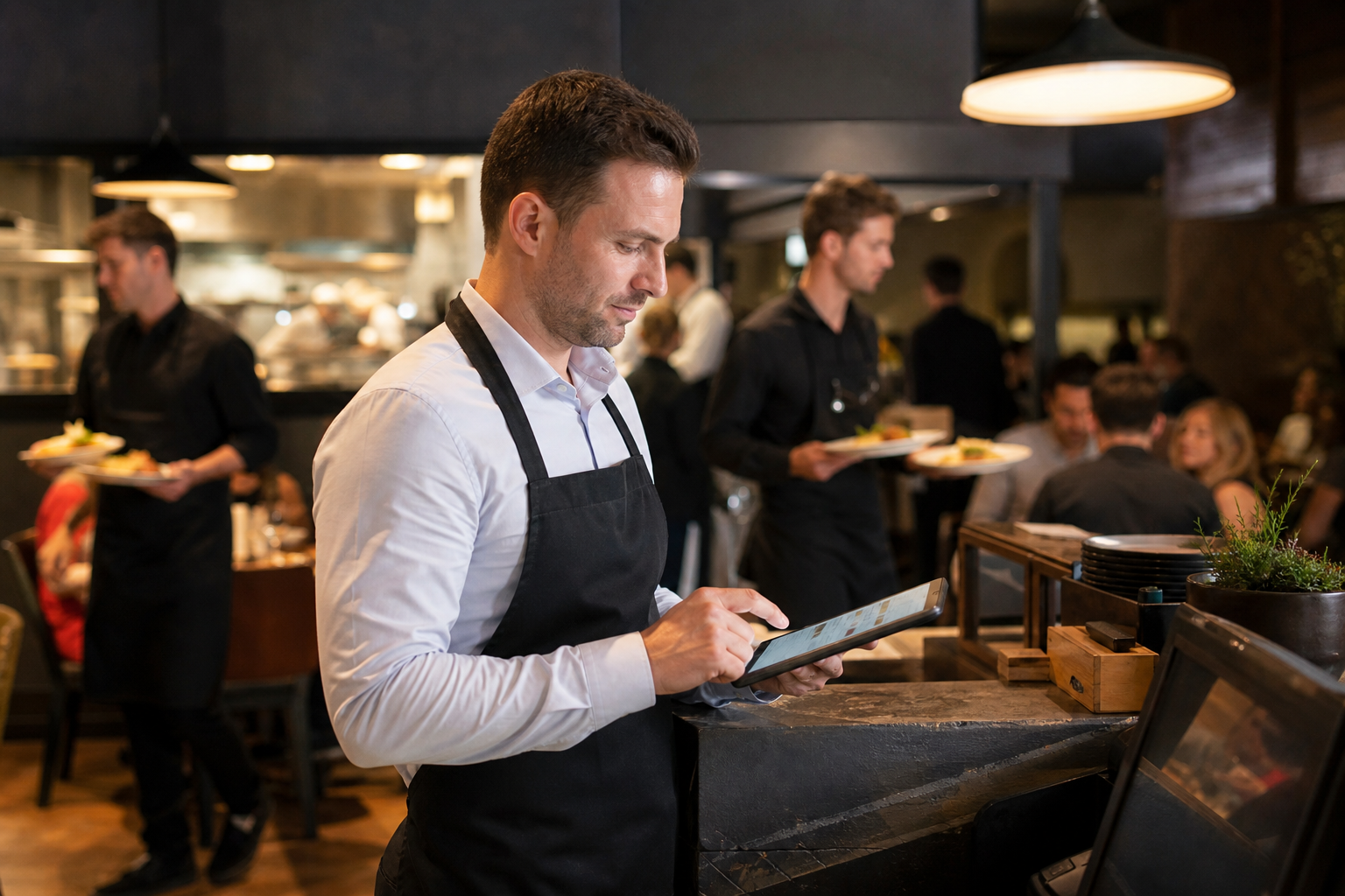 Restaurant manager reviewing shift data on a tablet at the service counter during evening service