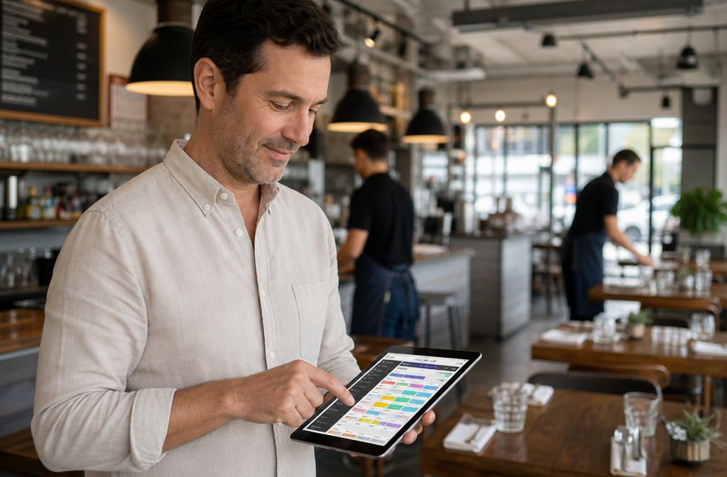 A restaurant manager reviewing a digital staff rota on a tablet in a modern cafe setting