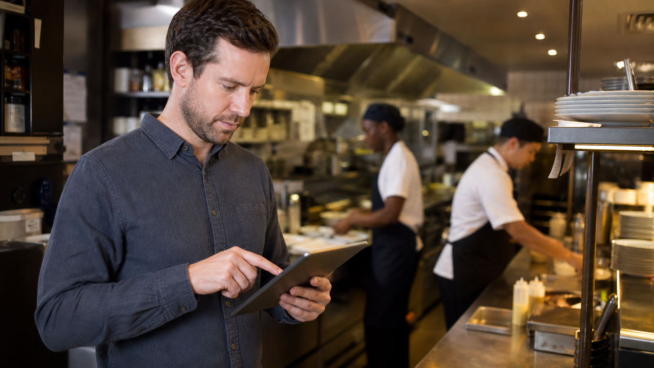 Hospitality manager reviewing a staff rota on a tablet in a restaurant kitchen