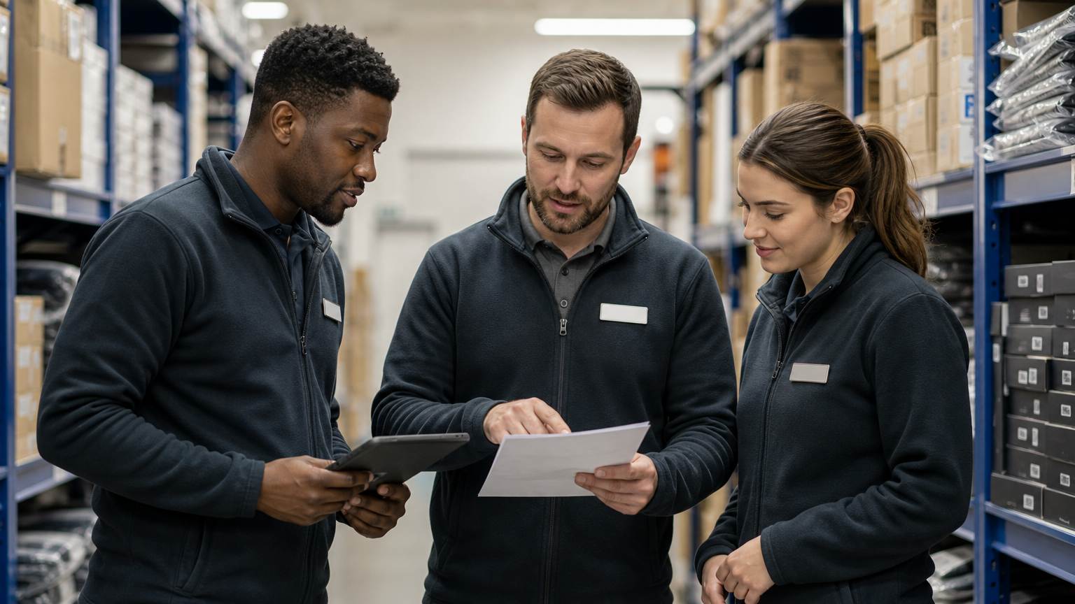 Team briefing in a UK retail stockroom with a manager explaining a document to team members
