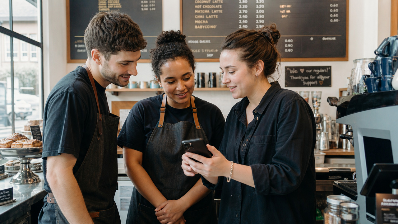 A cafe manager and two staff members checking a team messaging and rota app on a phone during a shift