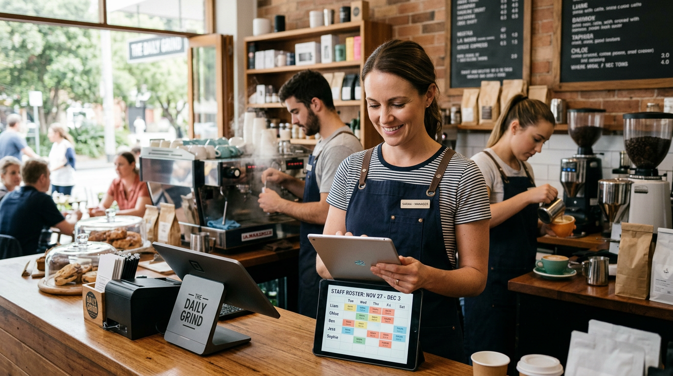 Cafe manager reviewing next week's staff roster on a tablet while baristas work behind the counter