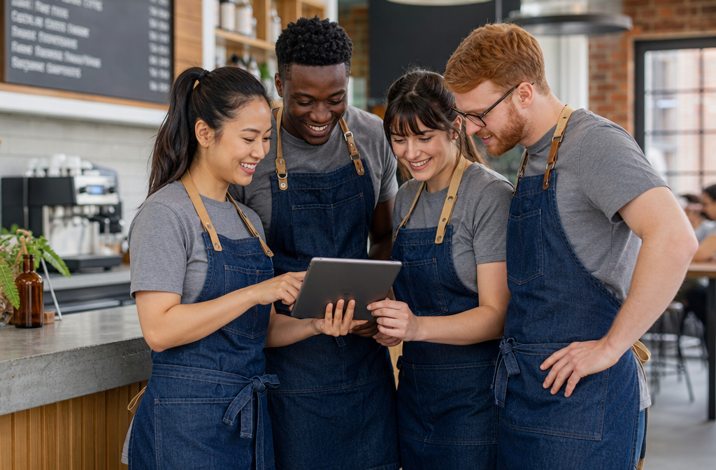 A diverse team of hospitality workers checking a shared digital rota on a tablet