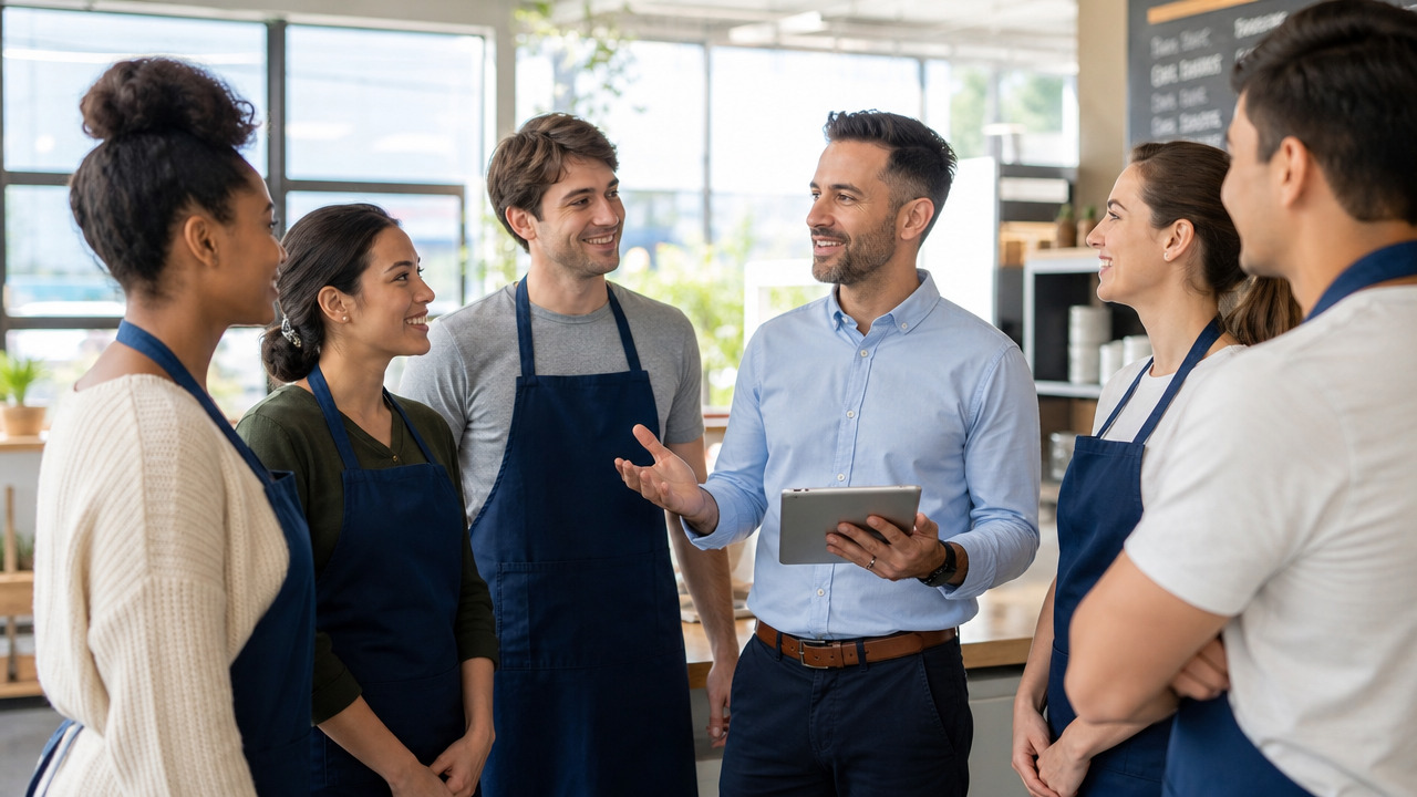 A manager with a tablet leads a friendly morning huddle with a diverse team of hourly retail and cafe workers