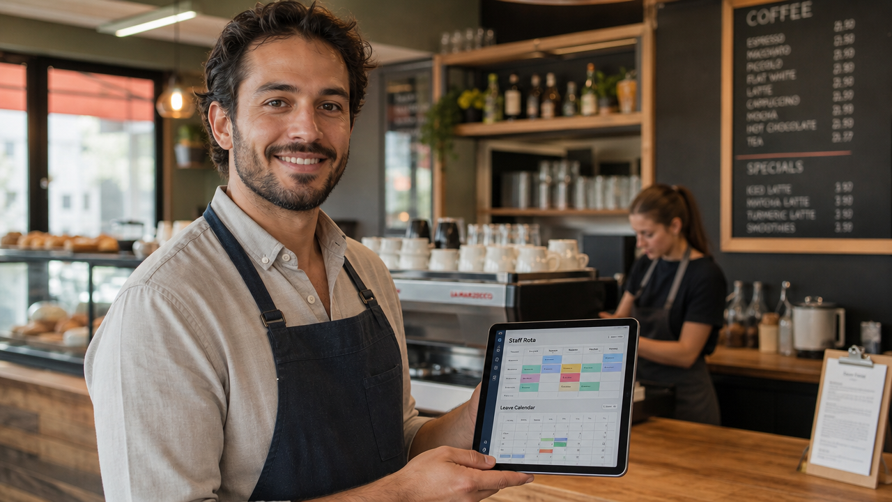 A hospitality manager reviewing a digital tablet showing a staff schedule and leave calendar in a café setting